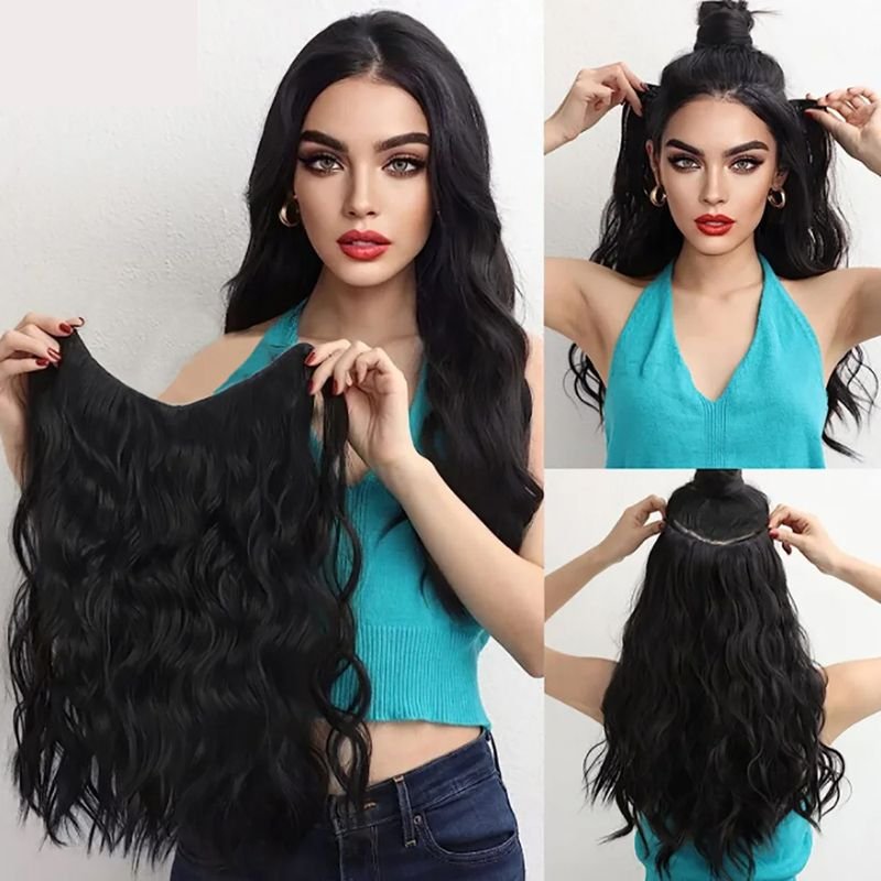 Wig Women One-Piece Hair-Extension Long Hair High Temperature Silk V-Shaped Water Corrugated Fluffy Hair-Increasing Wig Patch