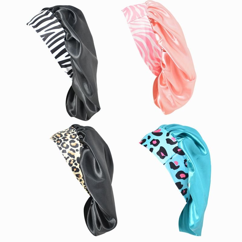 Wide Brim Leopard Stripe Stretch Satin Silk Shower Cap