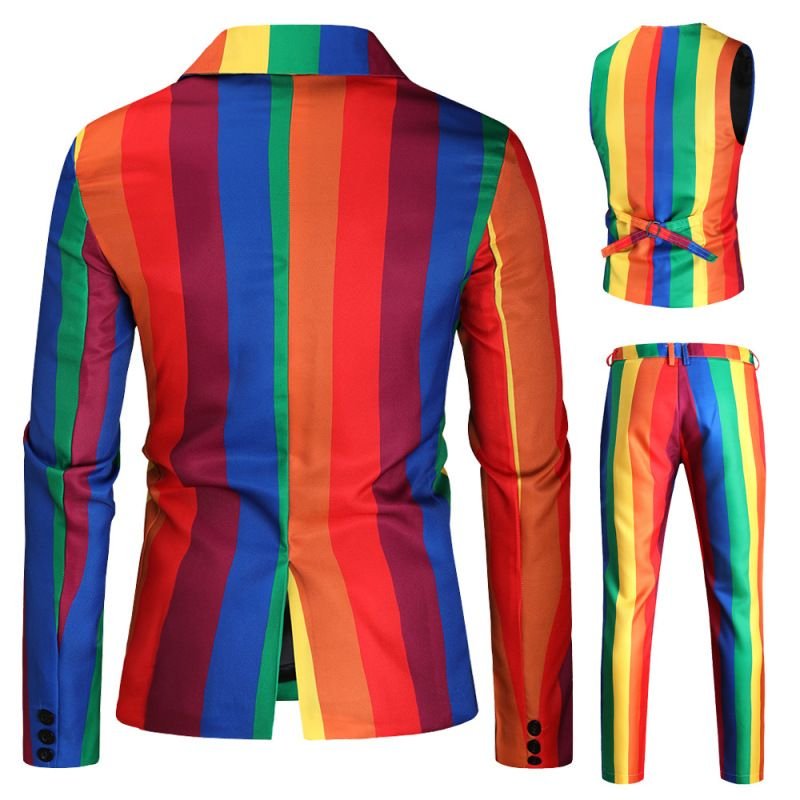 Men Fashion Casual Party Rainbow Stripe Plus Size Vest Long Sleeve Lapel Suit Trousers Three-Piece Set