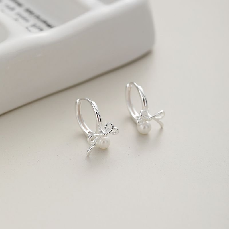 Women Fashion Simple Sterling Silver Bow Pearl Earrings