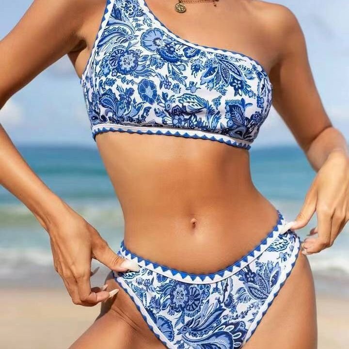 Women Summer Vacation Sexy One Shoulder Blue And White Porcelain Printed Bikini Swimsuit