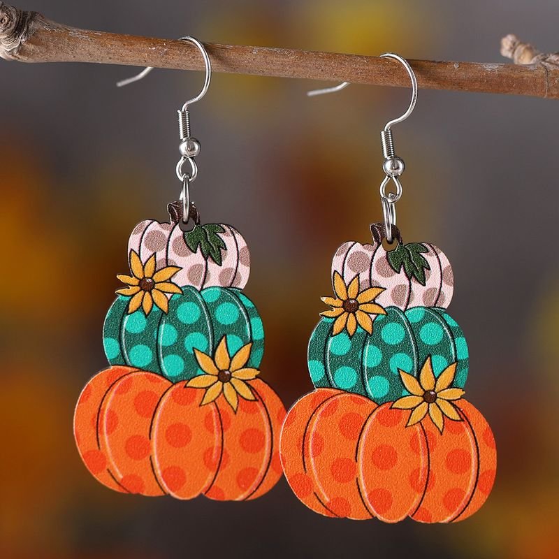 Thanksgiving Women Cartoon Plaid Pumpkin Floral Wooden Double-Sided Earrings