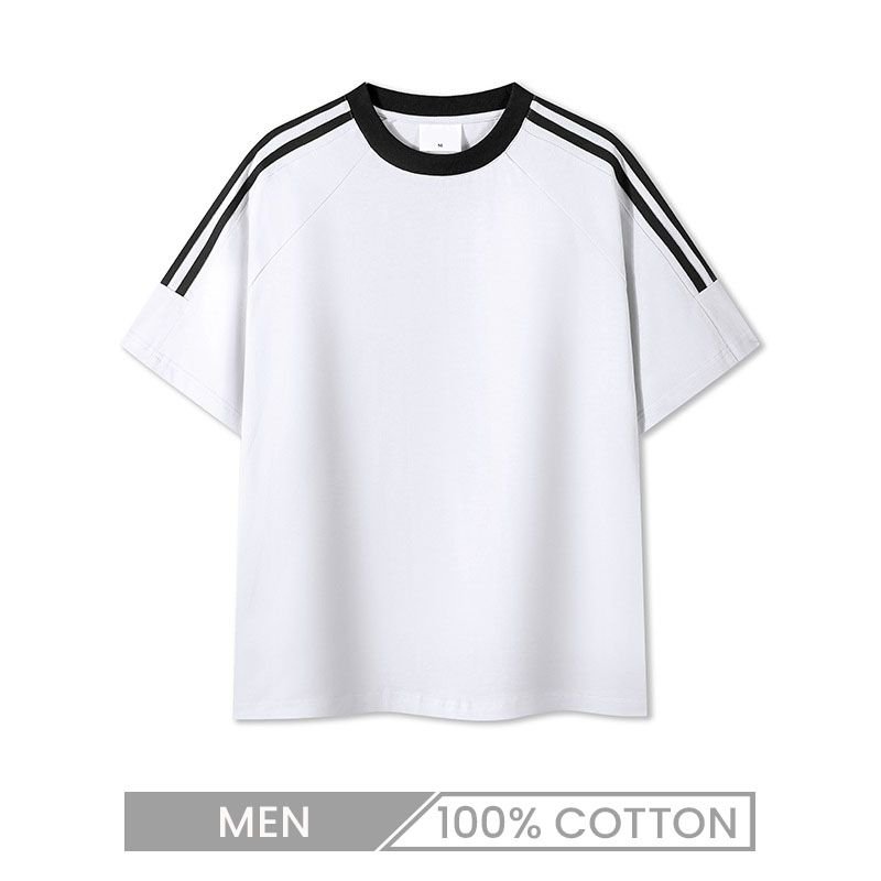 250gsm Men Stripes 100% Cotton Retro Casual Short Sleeve T-Shirt