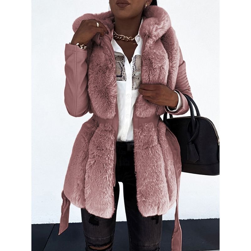 Plus Size Faux Fur Coat Women Winter Warm Hooded Solid Color Plush Zipper Jacket Coat