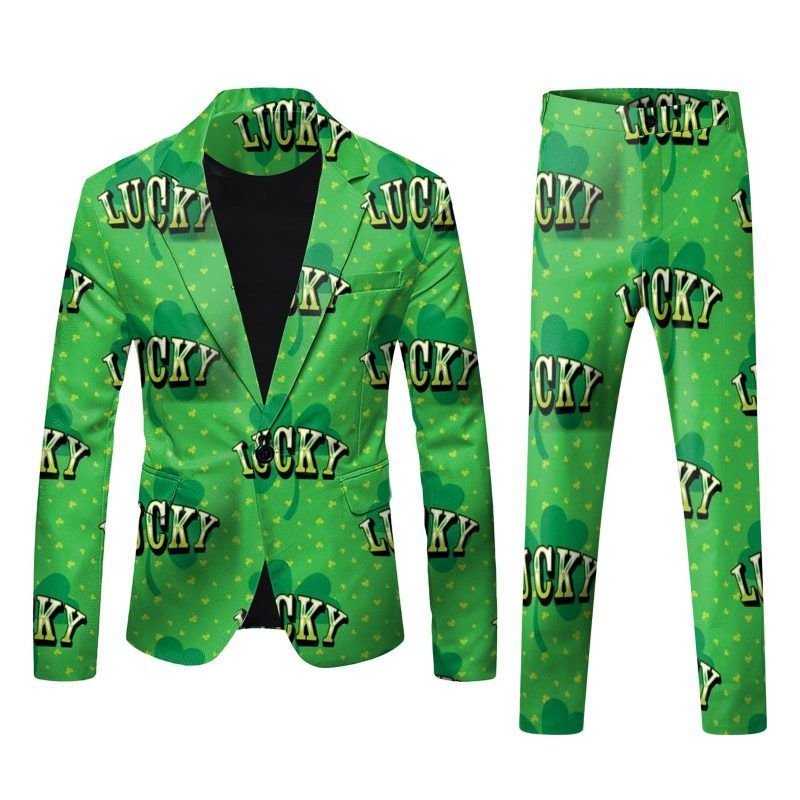 Men Fashion Casual Party St. Patrick Day 3D Print Long Sleeve Lapel Suit Trousers Set