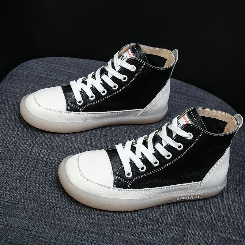 Size:4.5-9 Women Leisure Retro High Top Leather Flat Sneakers Shoes