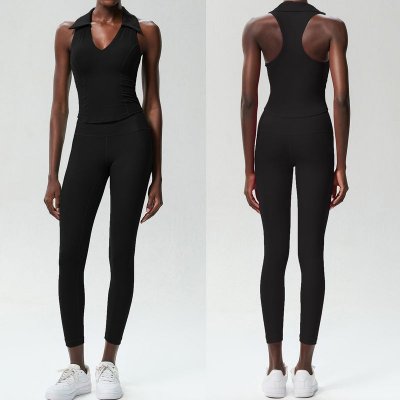 Women Casual Deep V-Collar Sports Fitness Top Yoga Pants Two-Piece Set