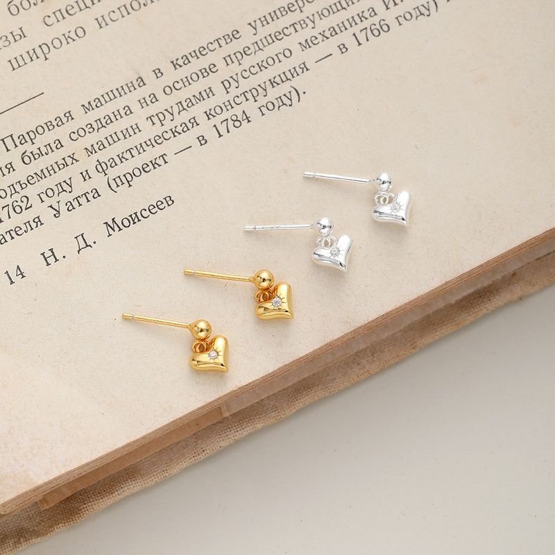 Women Simple Sterling Silver Heart Stud Earrings