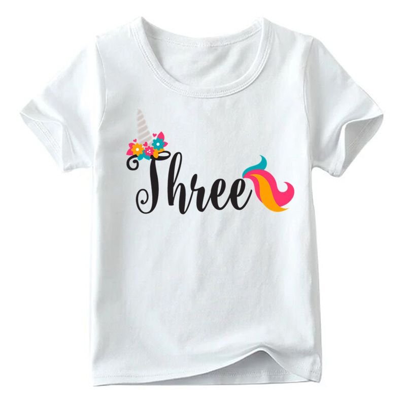 Kids Cute Cartoon Unicorn Number Pattern Round Neck Short Sleeve Birthday Loose T-shirt