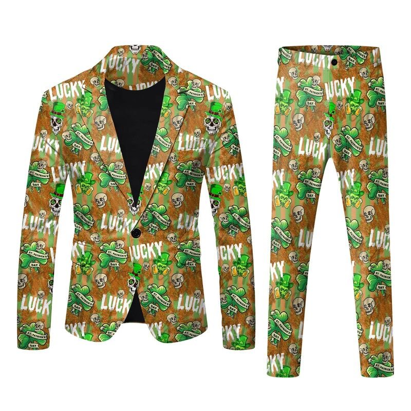 Men Fashion Casual Party St. Patrick Day 3D Print Long Sleeve Lapel Suit Trousers Set