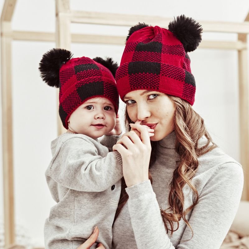 Autumn Winter Simple Fashion Plaid Wool Ball Warm Knit Parent-Child Wool Hat