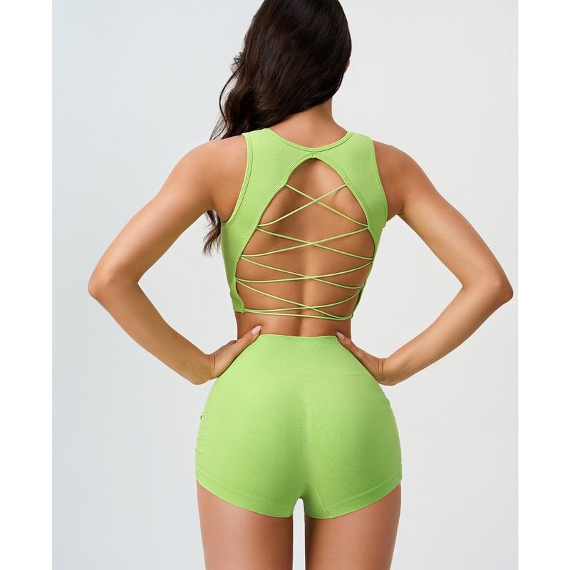 Women Yoga Solid Backless Vest And Shorts Sport Two-Piece Set