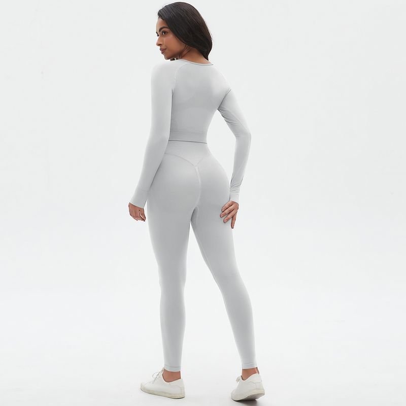 Women Simple Solid Color Long-Sleeved Tight Sports Fitness Yoga Top Pants Two-Piece Set