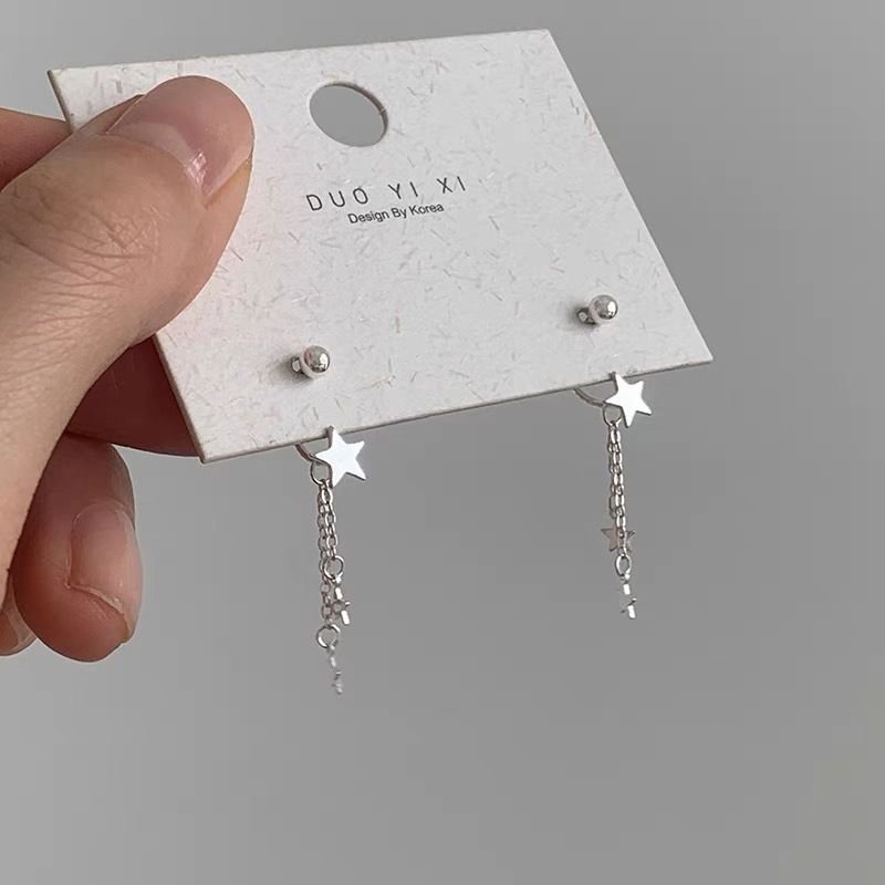 Women Simple Sterling Silver Star Tassel Earrings