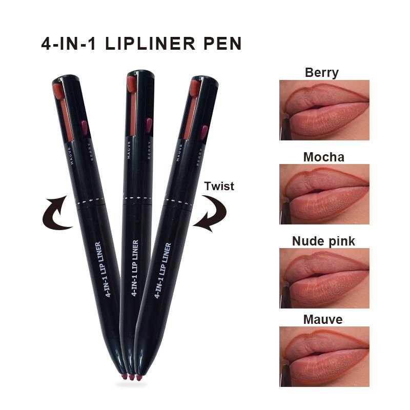 OEM Women Simple Four Color Lip Line High Gloss Eyeliner Eyebrow Pencil 4 In 1 Makeup Pen