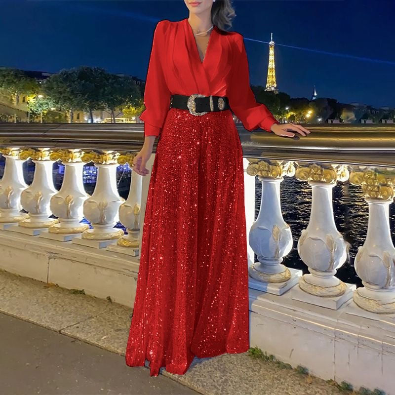 Women Fashion V-Neck Long Sleeve Shirt Defined Waist Sequin Wide Leg Jumpsuits