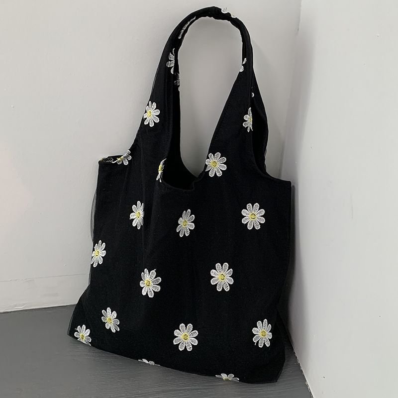 Women Fashion Creative Embroidered Black Butterfly Lace Large Capacity Canvas Tote Bag