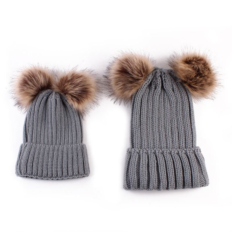 Autumn Winter Fashion Simple Warm Plush Ball Knitted Parent-Child Wool Hat Set