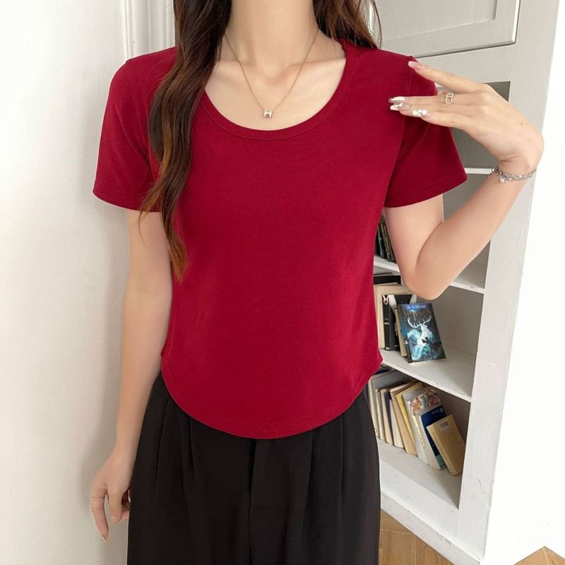 Women Basic U Neck Short-Sleeved Summer Cotton Stretch Slim-Fit T-Shirt Custom