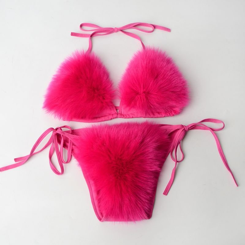 Women Fashion Sexy Solid Color Plush Lace-Up Bikini Swimsuit Set