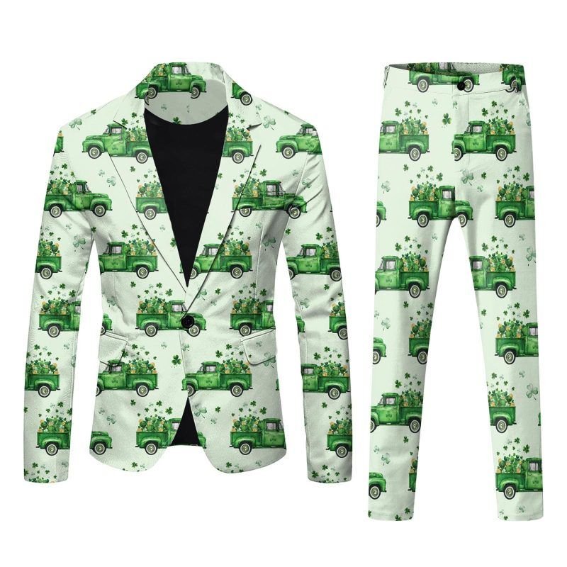 Men Fashion Casual Party St. Patrick Day 3D Print Long Sleeve Lapel Suit Trousers Set