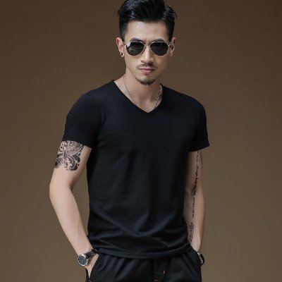 Short-Sleeved Polyester T-Shirt Men V Neck Slim-Fit Solid Color Logo Custom