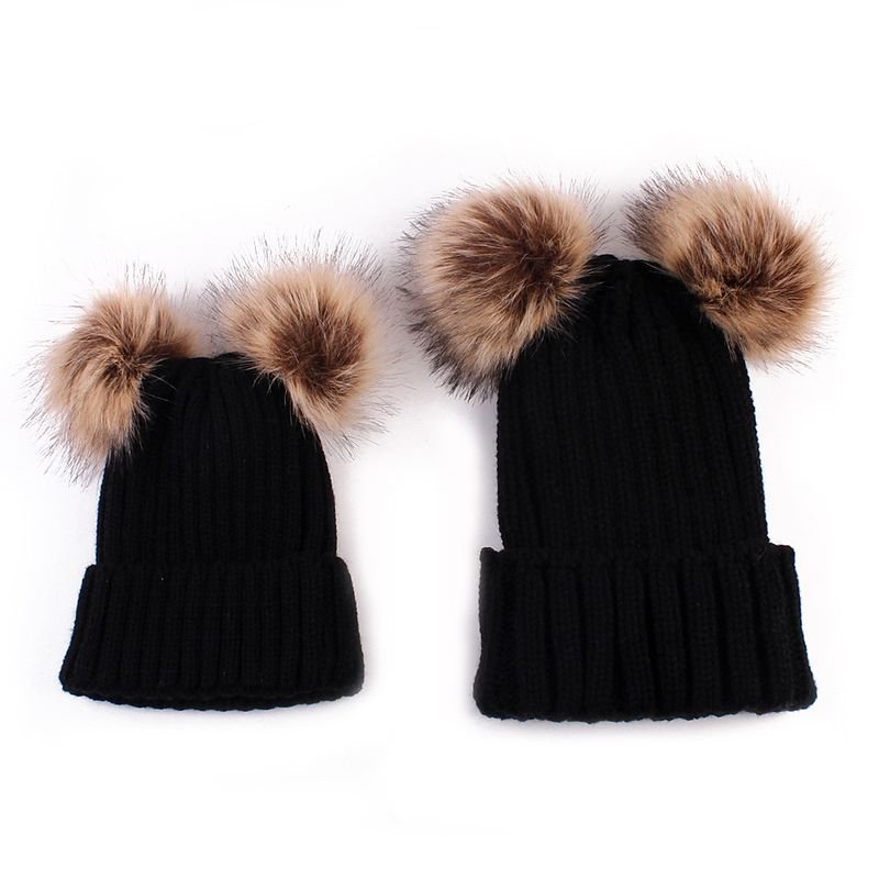 Autumn Winter Fashion Simple Warm Plush Ball Knitted Parent-Child Wool Hat Set