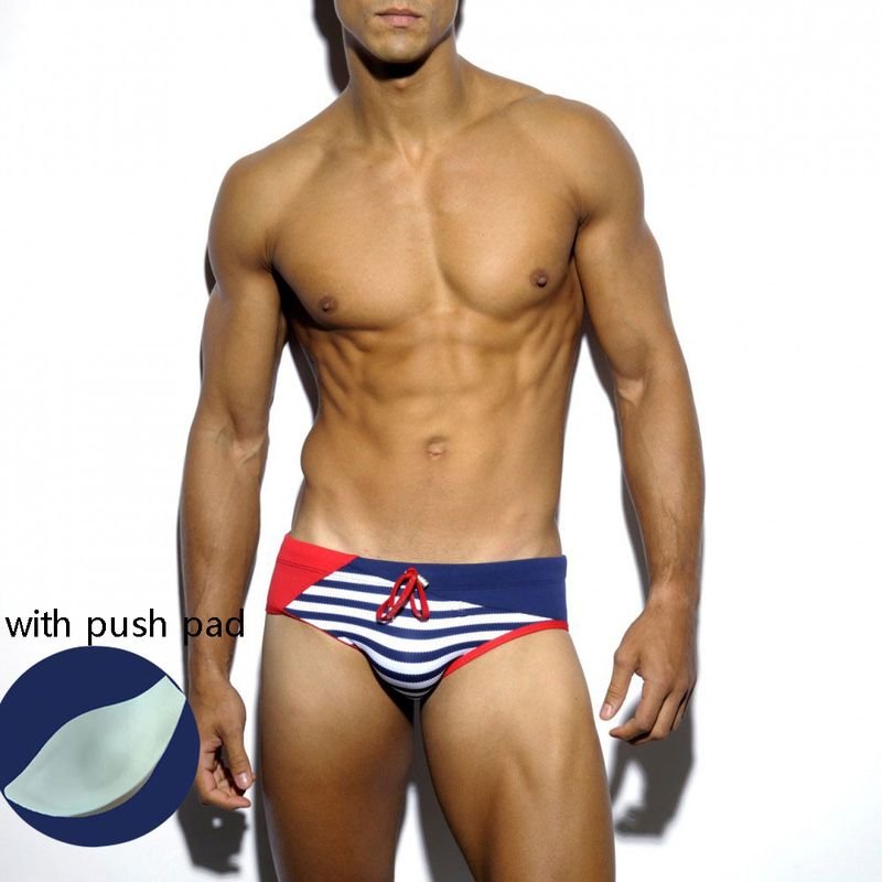 Men Navy Striped Diagonal Tether Fashion Swim Briefs