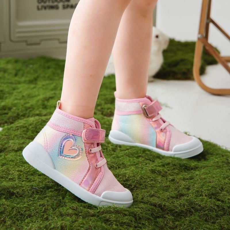 Kids Girls Casual Cute Sweet Heart Shaped Pattern Velcro Lace-Up Flat Canvas Sneakers