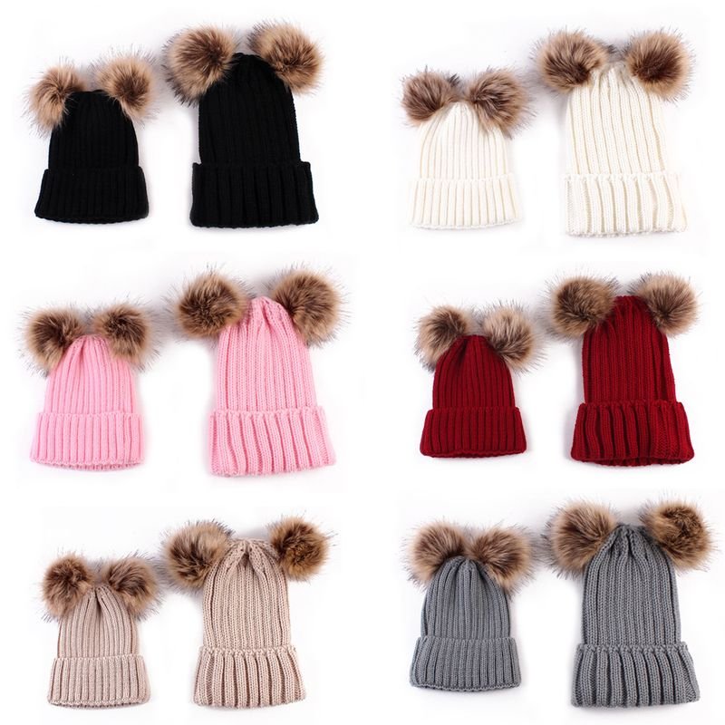 Autumn Winter Fashion Simple Warm Plush Ball Knitted Parent-Child Wool Hat Set