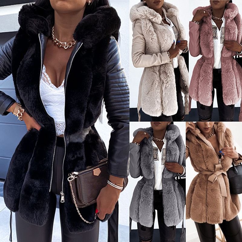 Plus Size Faux Fur Coat Women Winter Warm Hooded Solid Color Plush Zipper Jacket Coat