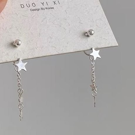 Women Simple Sterling Silver Star Tassel Earrings