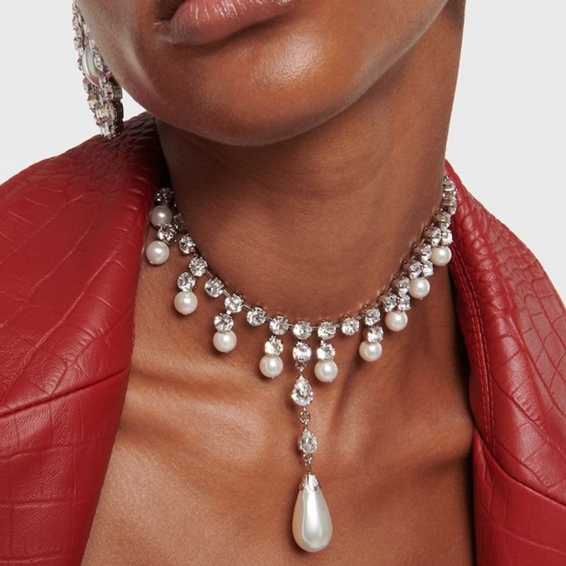 Women Fashion Simple Pearl Pendant Rhinestone Tassel Necklace