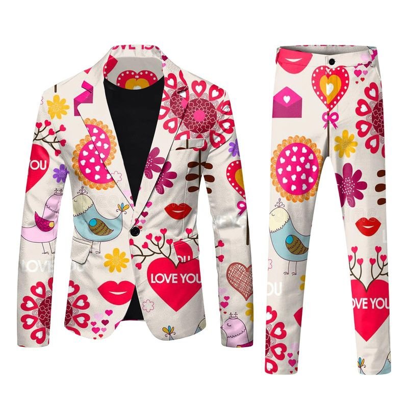 Men Fashion Casual Valentine Party Letter Heart Shape 3D Print Long Sleeve Lapel Suit Trousers Set