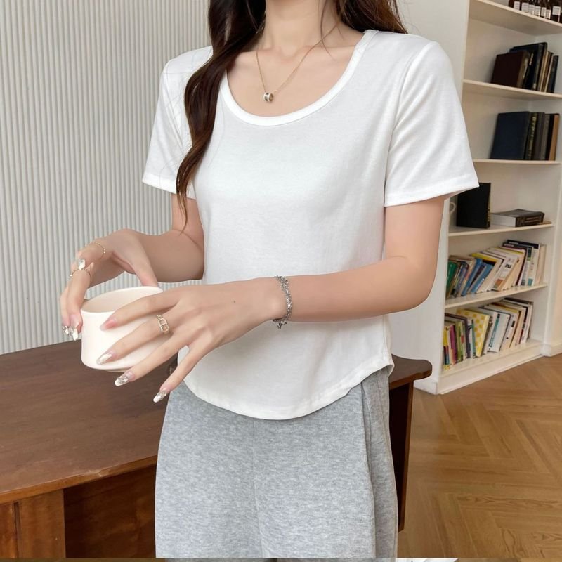 Women Basic U Neck Short-Sleeved Summer Cotton Stretch Slim-Fit T-Shirt Custom