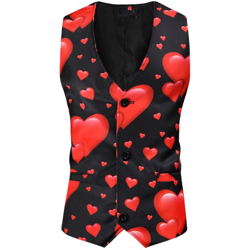 Men Fashion Casual Party Valentine Heart Print Plus Size Vest Long Sleeve Lapel Suit Trousers Three-Piece Set