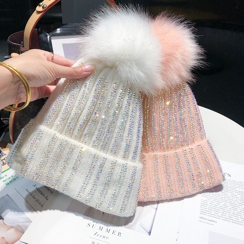 Autumn Winter Women Fashion Fur Ball Rhinestone Warm Knitted Wool Hat