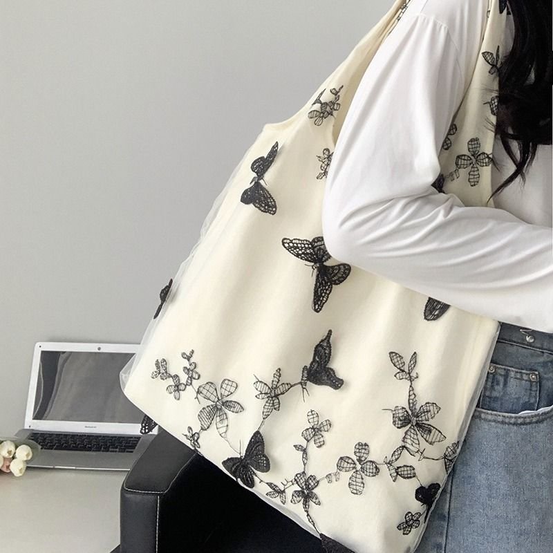 Women Fashion Creative Embroidered Black Butterfly Lace Large Capacity Canvas Tote Bag