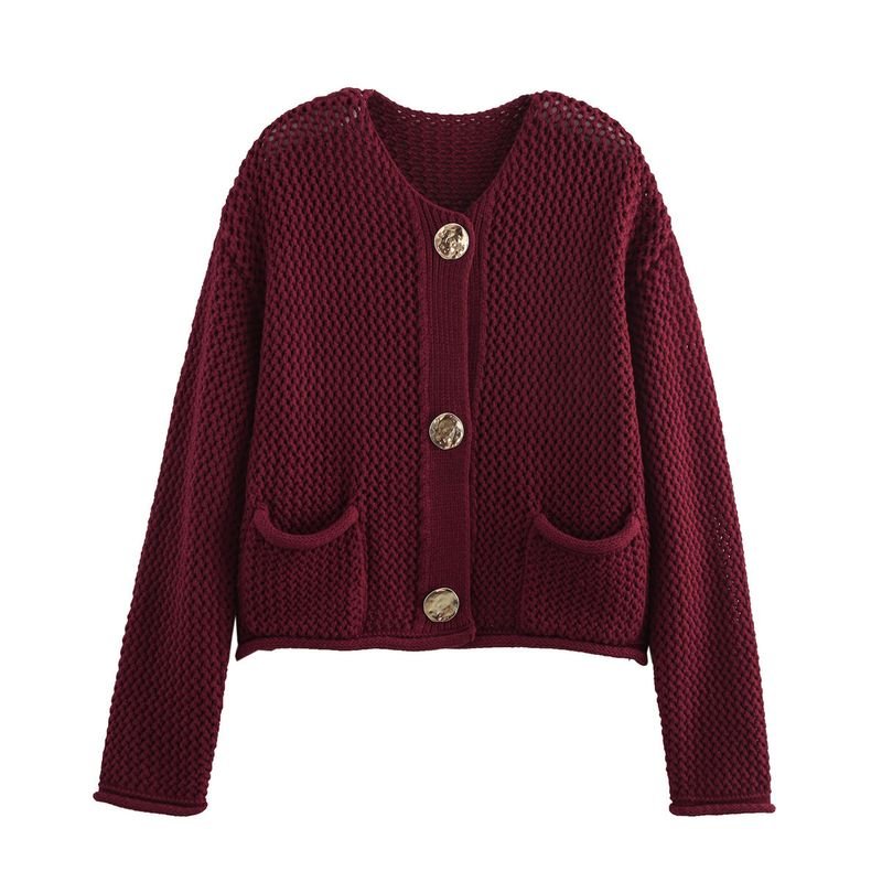 Autumn Winter Women Fashion Round Neck Hollow Long Sleeve Knitted Sweater Coat