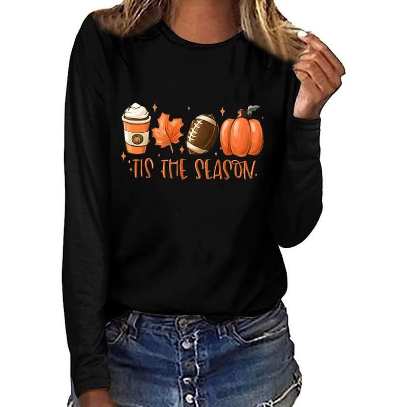 Thanksgiving Women Fashion Pumpkin Maple Leaf Print Crewneck Long Sleeve T-Shirt